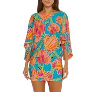 Trina Turk blue multi floral poppy tunic swim cover-up dress size XL